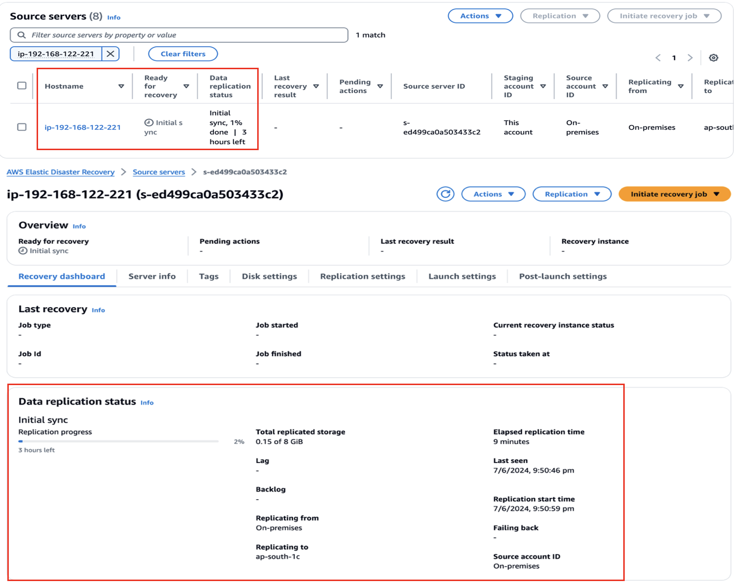 Figure 3. Shows status and details of Source servers on AWS DRS console
